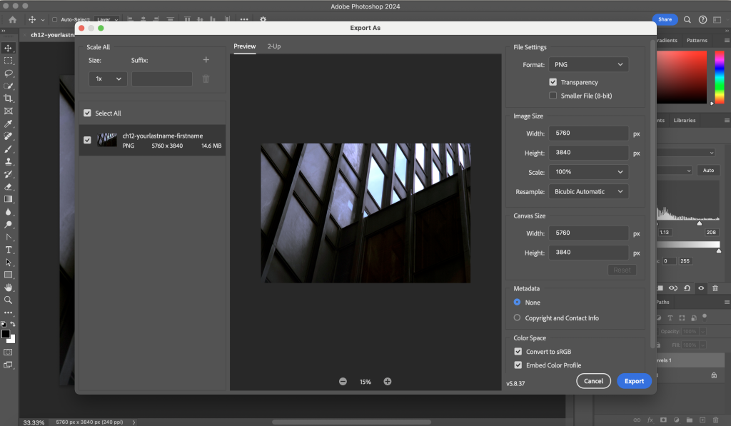 Exporting the adjusted image using the Export As dialog.